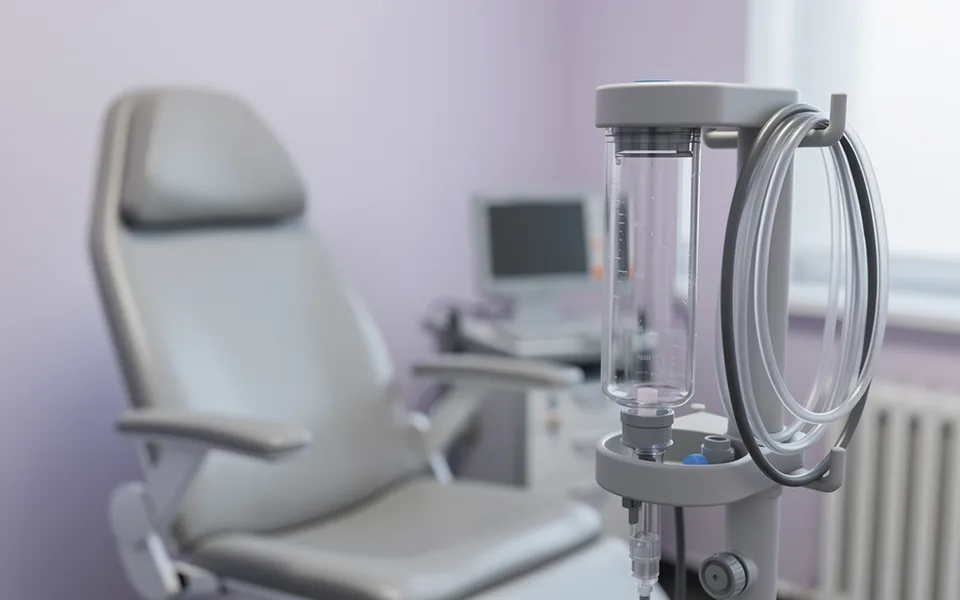 An empty dialysis station with a coiled clear tubing circuit