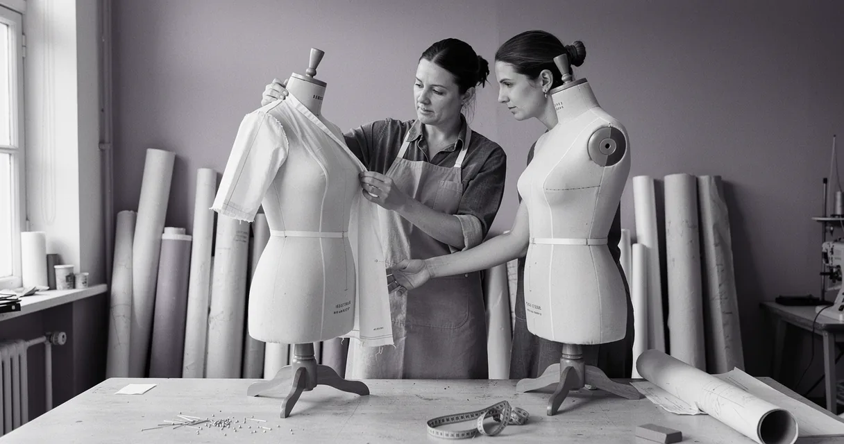 Two garment workers fitting muslin to dress forms with different shoulders