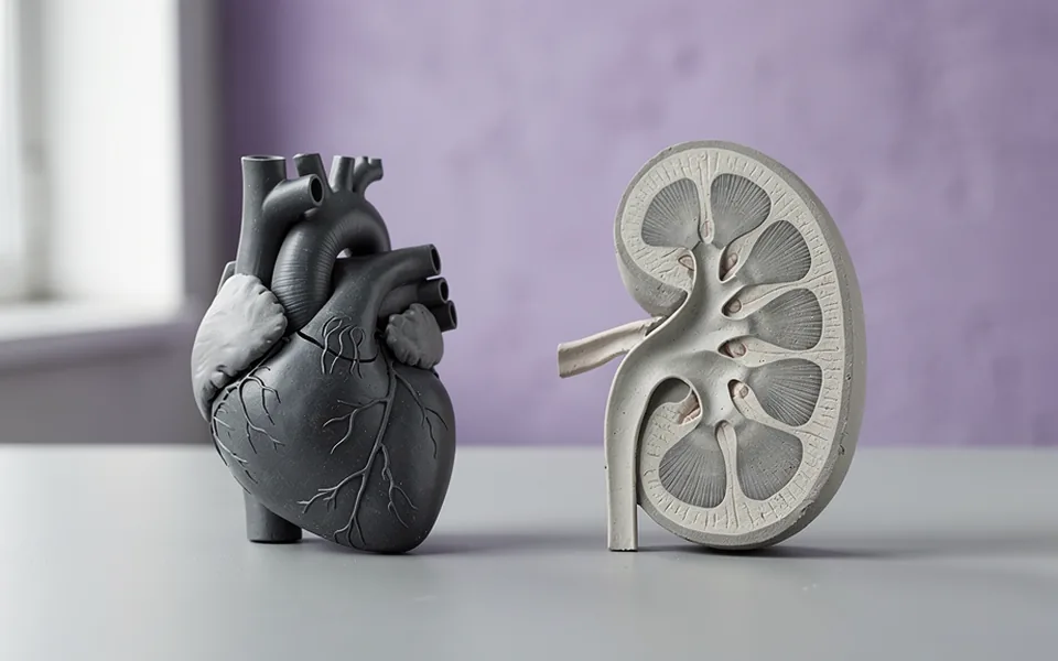 A heart model and a kidney model on a pale teaching table